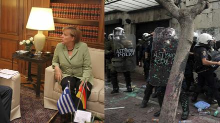 Merkel berät sich mit Regierungschef Samaras - während draußen die Situation zunehmend brenzliger wird.