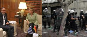 Merkel berät sich mit Regierungschef Samaras - während draußen die Situation zunehmend brenzliger wird.