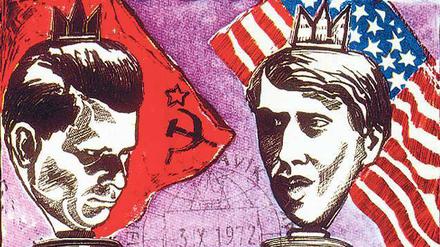Könige des Königsspiels. Das Duell zwischen Boris Spasski (l.) und Bobby Fischer war mehr als ein Schachspiel. Zur WM wurden seinerzeit selbst Briefmarken geprägt. Foto: Arte France