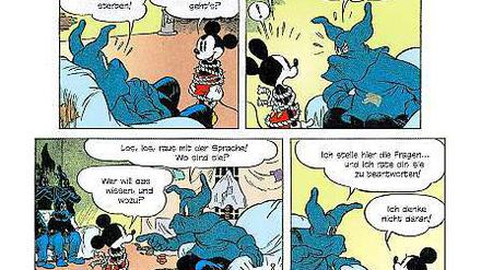 "Sprich oder ..." Micky wird bedroht von diversen Maskenmännern.