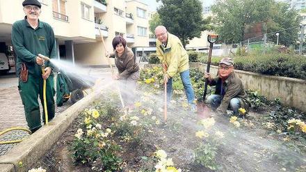 Ab ins Beet. Mit Gärtner Heinrich Fust (links) pflanzen Hans-Rudolf Tosch, Gudrun Rahm, Joachim Rauschenbach am Mehringplatz. 16 Beete sind zu pflegen.