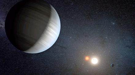 So stellen sich die Astronomen das Doppelsternsystem "Kepler-47" mit den beiden Planeten vor. 