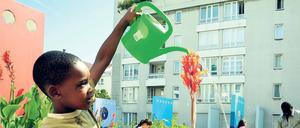 Kleiner Arbeitseinsatz. Familie Ugbogbo ist genauso bei der Pflanzenpflege dabei wie die vielen anderen Mieter in der Naunynstr. 5 bis 8 in Kreuzberg. Die Degewo hat dort auf Wunsch der Anwohner einen Gemeinschaftsgarten angelegt. Nun kann gemeinsam geerntet werden. Mittendrin: Stadtteilmanagerin Nesrin Demir.