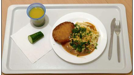 Paniertes Putenschnitzel mit Spätzle und Soße, dazu Gurke und Orangensaft. Ein Hauptgericht muss beim Schulessen aus mindestens zwei Komponenten bestehen. Außerdem muss ein Menü Suppe oder Rohkost als Vorspeise und frische Desserts oder Obst als Nachspeise beinhalten.