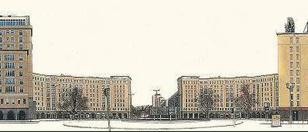 Berlin. Auf 21 Metern Seide hat der chinesische Künstler Lu Hao mit Tusche die Karl-Marx-Allee gemalt, zu DDR-Zeiten als Stalinallee Paraden- und Aufmarschort. Das Bild zeigt einen Ausschnitt.