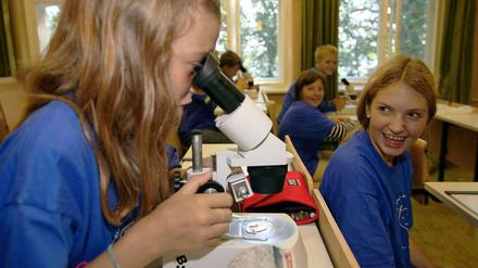 Unter der Lupe. Beim Hochbegabtencamp auf der Schulfarm Insel Scharfenberg schauen die Kinder ganz genau durchs Mikroskop. Bei der Schulinspektion, die von erwachsenen Experten durchgeführt wurde, hat die Schule auf der Insel im Tegeler See hervorragend abgeschnitten.