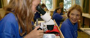 Unter der Lupe. Beim Hochbegabtencamp auf der Schulfarm Insel Scharfenberg schauen die Kinder ganz genau durchs Mikroskop. Bei der Schulinspektion, die von erwachsenen Experten durchgeführt wurde, hat die Schule auf der Insel im Tegeler See hervorragend abgeschnitten.