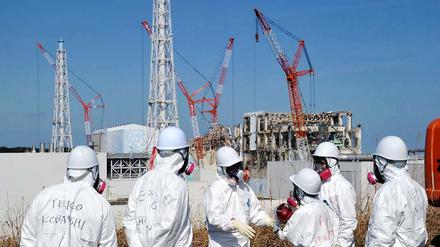 Geschützt. Eine Besuchergruppe sieht sich ein Kraftwerk in Fukushima an.