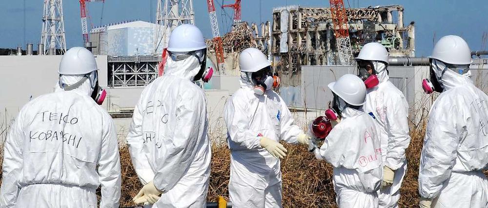 Geschützt. Eine Besuchergruppe sieht sich ein Kraftwerk in Fukushima an.