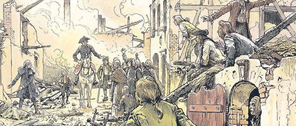 Bei den Untertanen. Friedrich II. inspiziert die im Siebenjährigen Krieg (1756 - 1763) zerstörte Stadt Küstrin. Gemälde von Carl Röchling (1855 - 1920).