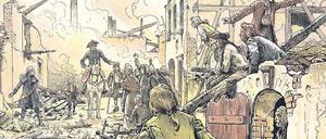 Bei den Untertanen. Friedrich II. inspiziert die im Siebenjährigen Krieg (1756 - 1763) zerstörte Stadt Küstrin. Gemälde von Carl Röchling (1855 - 1920).
