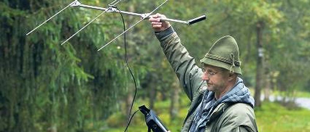 Geortet. Horst Burghart entdeckt mit einer Antenne einen Luchs im Bayerischer Wald.