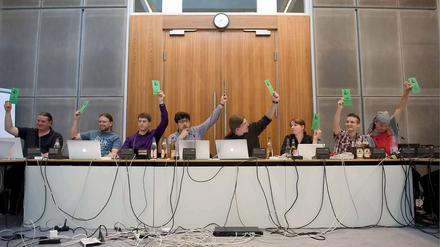 Analog abstimmen. Der Piraten-Abgeordnete Gerwald Claus-Brunner zeigt, wie’s geht. Foto: dapd/Loos
