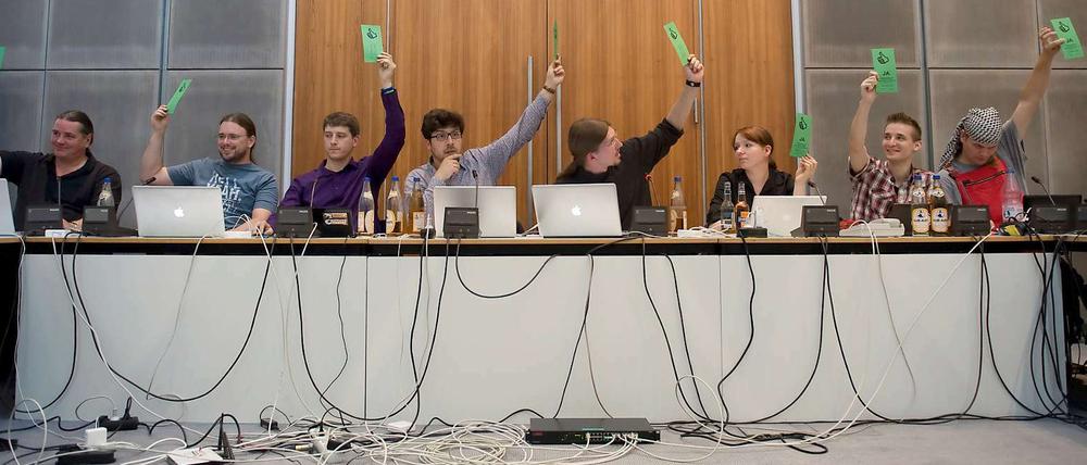 Analog abstimmen. Der Piraten-Abgeordnete Gerwald Claus-Brunner zeigt, wie’s geht. Foto: dapd/Loos