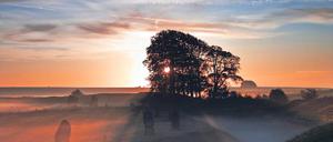 Nahezu gespenstisch – Sonnenaufgang im Nebel über dem Avebury Stone Circle, einem der größten frühzeitlichen Steinkreise in Europa. Foto: vario-images