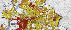 Überwiegend einfache (gelb), mittlere (orange) und gute Wohlagen (rot). Wohnlagen ohne betroffenen Wohnraum sind weiß.