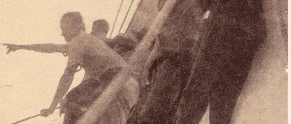 Unterwegs in der Südsee. Robert Louis Stevenson (1850-1894, ganz rechts) an Bord des Schoners „Casco“. Foto: picture-alliance / Mary Evans Picture Library