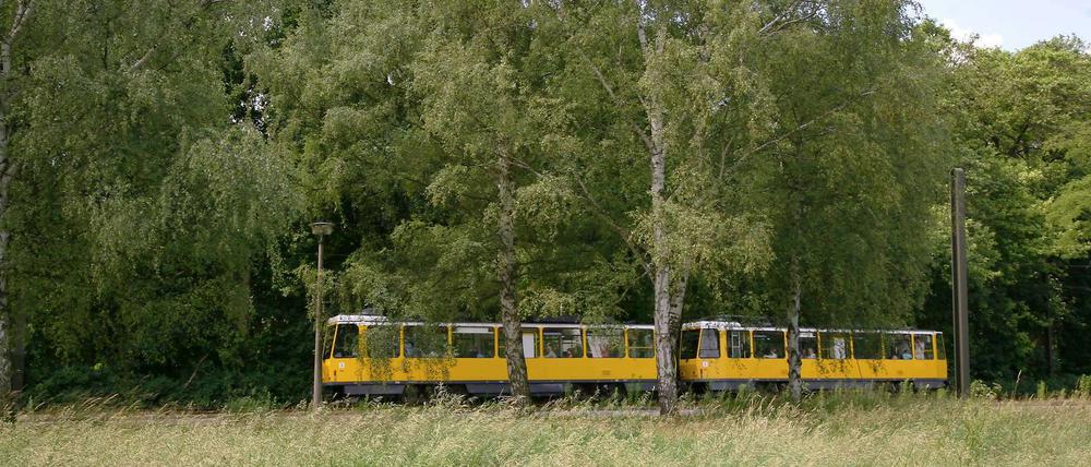 Die Tram 68 fährt durch idyllische Landschaft.