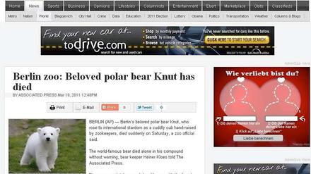 Ganz in weiß: "Der geliebte Eisbär Knut ist gestorben", meldet die Chicago Sun Times auf ihrer Homepage.