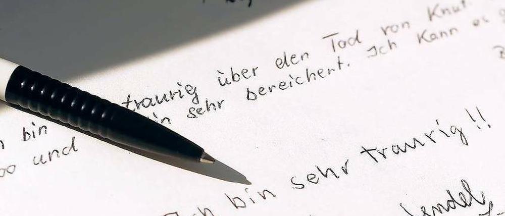 Trauer in Schwarzweiß. Langsam, aber stetig füllte sich am Montag das Gedenkbuch des Zoos für den toten Eisbären Knut mit Eintragungen der Besucher. Auf einer Gedenkseite im Internet gab es bereits über 2200 viele Einträge aus aller Welt. Foto: Lang/dapd