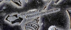 Ein Kanaldeckel mit dem Firmenzeichen der Berliner Wasserbetriebe.