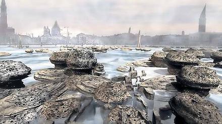 Hoffnung für Venedig. Die Londoner Architektin Rachel Armstrong stellt sich vor, die Lagunenstadt mit Bakterien zu retten, die aus Kohlendioxid Kalkstein herstellen. Das Geröll stützt dann die Holzpfähle. 