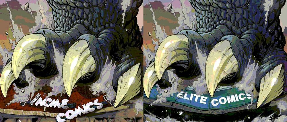 Zerstörungslust: Zwei der 75 Comic-Shops, die auf den Godzilla-Titelbildern zermalmt werden.