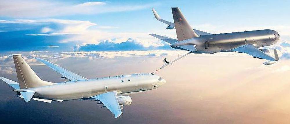 Annäherungsversuch. Der US-Flugzeugbauer Boeing soll 179 Tanker bauen. Die Animation zeigt das Modell der „Boeing NewGen“ (rechts) beim Betanken einer 737. Illustration: Boeing/dpa