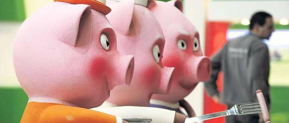 Es geht um die Wurst. Weil auch in vielen Mastbetrieben dioxinbelastetes Futtermittel landete, wird weniger Schweinefleisch verkauft. Auf der Grünen Woche in Berlin sollen diese Werbeferkel ihr Fleisch anpreisen. Foto: AFD