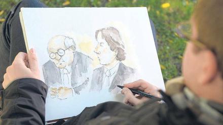 Innerhalb von wenigen Minuten muss sich Gerichtszeichner Yann Ubbelohde oft Angeklagte, Kläger und Zeugen merken. Denn geht es wie im Kachelmann-Prozess um intime Details, muss er den Saal verlassen und draußen sein Bild vervollständigen. Foto: dpa