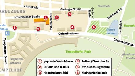 1: geplante Wohnhäuser, 2: C-Halle und C-Club, 3: Hauptamt Süd, 4: Polizei (Direktion 5), 5: Kfz-Zulassungsstelle, 6: Kleingartenkolonie