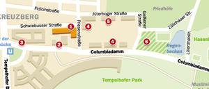 1: geplante Wohnhäuser, 2: C-Halle und C-Club, 3: Hauptamt Süd, 4: Polizei (Direktion 5), 5: Kfz-Zulassungsstelle, 6: Kleingartenkolonie