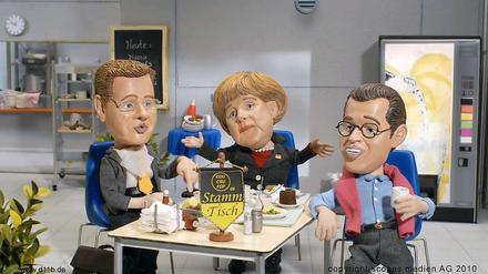 Schwarz-Gelb bleibt im Umfragetief. Die Animation zeigt die Trickfilmfiguren "Machtwort Merkel" (Mitte), "Alles Gutti" (rechts) und "Super Guido" als K-Team in der Kanzlerkantine.