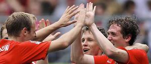 So sehen Sieger aus: Die Mainzer feiern das zweite Tor.