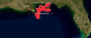 Die Oberflächenausbreitung des Ölteppichs auf Grundlage von Berechnungen der National Oceanic and Atmospheric Administration (NOAA).