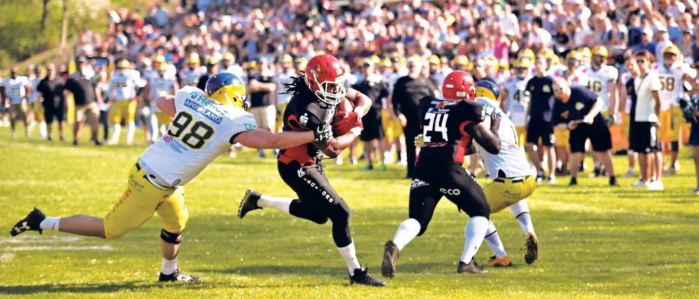 Fang mich, wenn du kannst. Zum Saisonauftakt der German Football League 1 ließen sich die Potsdam Royals um den neuen US-Runningback Tyvis Smith (M.) nicht von den Hildesheim Invaders aufhalten. Die Potsdamer gewannen 56:0 – und damit jahresübergreifend ihr 18. Pflichtspiel in Serie.