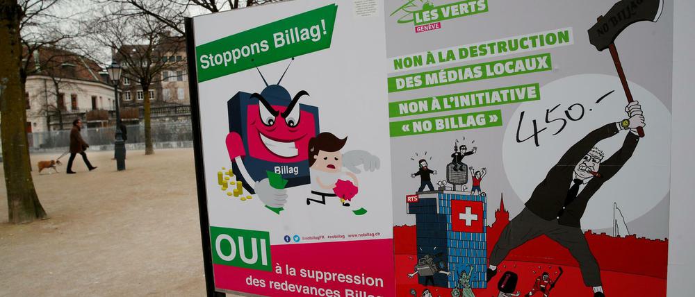 Hart umkämpft. Das linke Poster fordert zur Unterstützung der "No Billag"-Initiative auf, das rechte warnt vor den Folgen