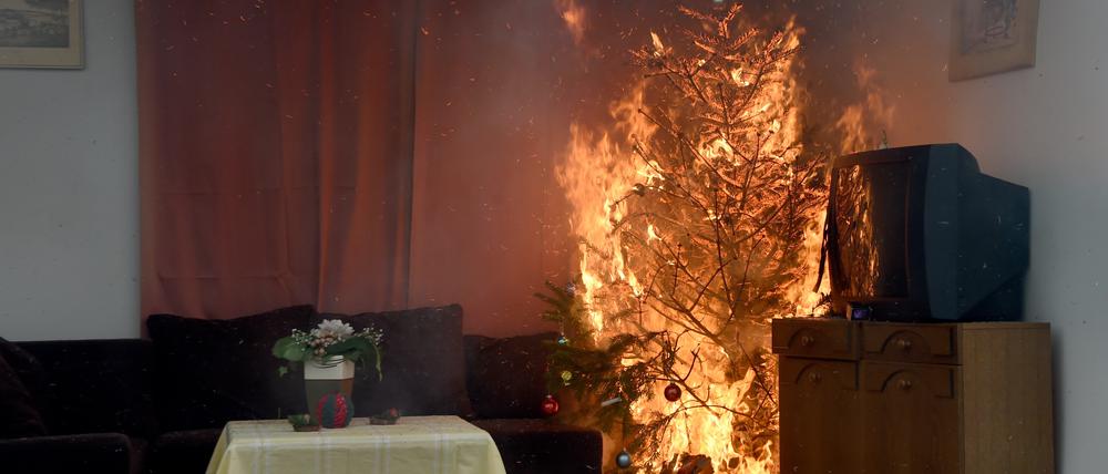 In Bad Segeberg (Schleswig-Holstein) stand 2016 ein Weihnachtsbaum in Flammen. Die Freiwillige Feuerwehr demonstrierte Gefahren durch brennende Adventskränze, Tannenbäume und Silvesterknaller.