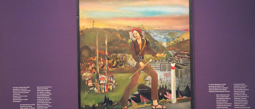Ausfallschritt. Dass auf Dieter Weidenbachs Gemälde „Unterwegs“ (1977) nicht nur ein Maler auf Wanderschaft geht, sondern ein Künstler zumindest mental den Schritt aus dem eigenen Land wagt, erkannte auch die Stasi. 1985 verließ Weidenbach die DDR.