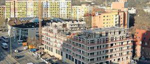 Hochhaus zwischen Hochhäusern. Die Wohnungen in dem Neubau an der Breiten Straße sollen ab Juni 2018 bezugsfertig sein. Die AOC investiert 16,5 Millionen Euro. Das Haus ist bereits im Mai an den Spezialfonds der HPG Capital verkauft worden.