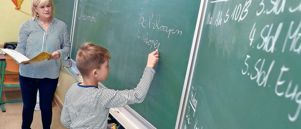 Den Schieters wat bibringen. Doris Meinke von der Zentralstelle für Niederdeutsch in Prenzlau unterrichtet Plattdeutsch in Prenzlau. Der achtjährige Schüler Pepe Pieniak schreibt auf Plattdeutsch an die Tafel.