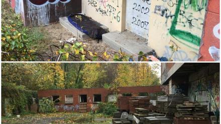Im ehemaligen Terrassenrestaurant Minsk am Brauhausberg haben sich offensichtlich Obdachlose einquartiert. Eine Palette erleichtert den Zugang in das gesperrte Gebäude.