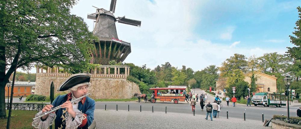 Auch ein Neubau ist dabei. Ein neues Besucherzentrum für Sanssouci plant die Schlösserstiftung seit mehr als zehn Jahren. Nun steht es auf der Prioritätenliste. Es soll neben der Historischen Mühle entstehen, auf der Fläche hinter der Kutsche in der Bildmitte.