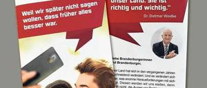 Werbematerial. Neben SPD-rotem Hintergrund grüßt Dietmar Woidke lächelnd die Brandenburger.