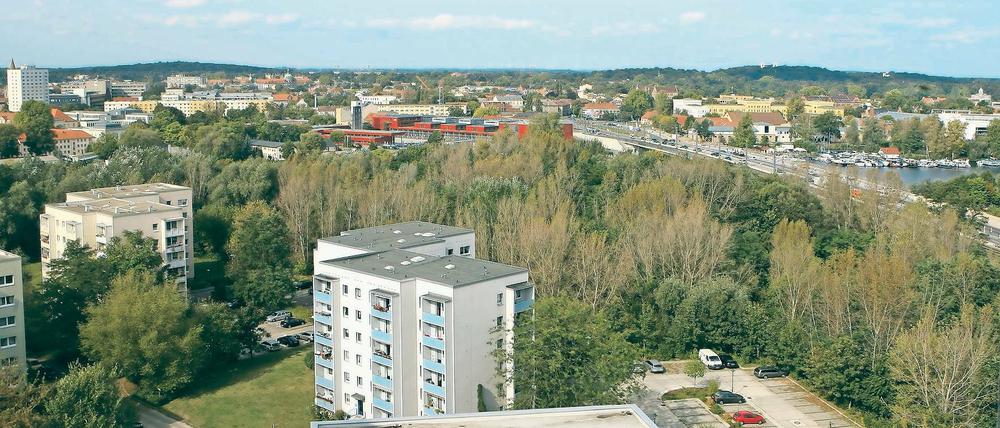 Bisher eine Grünfläche. Auf der unbebauten Fläche zwischen den Hochhäusern am Humboldtring, der Nuthestraße und der Havel sollen 270 Wohnungen entstehen.