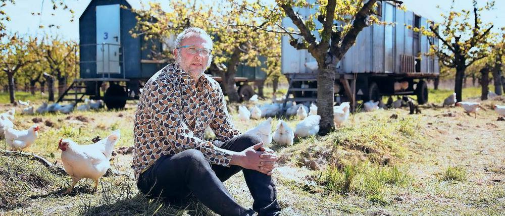 Unter Hühnern. Über mangelnde Nachfrage musste sich Landwirt Jochen Fritz auch vor dem jüngsten Eier-Skandal keine Sorgen machen. In den Bauwagen bringt er die Tiere von Wiese zu Wiese. Nachts können die Hühner in den Wagen schlafen.