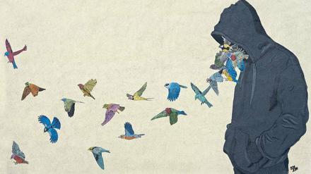 Das Mural „Hoodie Birds“ gestaltete der Streetart-Künstler Don John 2014 im Rahmen des Projekts „One Wall“ von Urban Nation am Mehringsplatz.