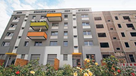 Bereits saniert. In Drewitz geht der Umbau zur Gartenstadt voran. An einigen Stellen kann man ahnen, wie bald die ganze „Rolle“ aussehen wird.