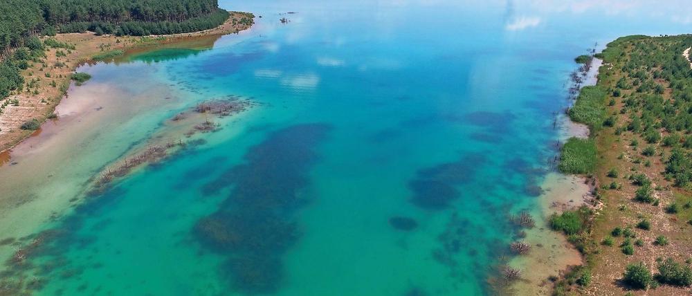 Karibische Farben. Azurblau schimmert das Wasser des Partwitzer Sees nahe Lieske. Der Partwitzer See, der in Brandenburg und Sachsen liegt, wird derzeit bekalkt und das Wasser ist dadurch azurblau gefärbt.
