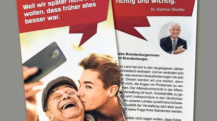Werbematerial. Neben SPD-rotem Hintergrund grüßt Dietmar Woidke lächelnd die Brandenburger.